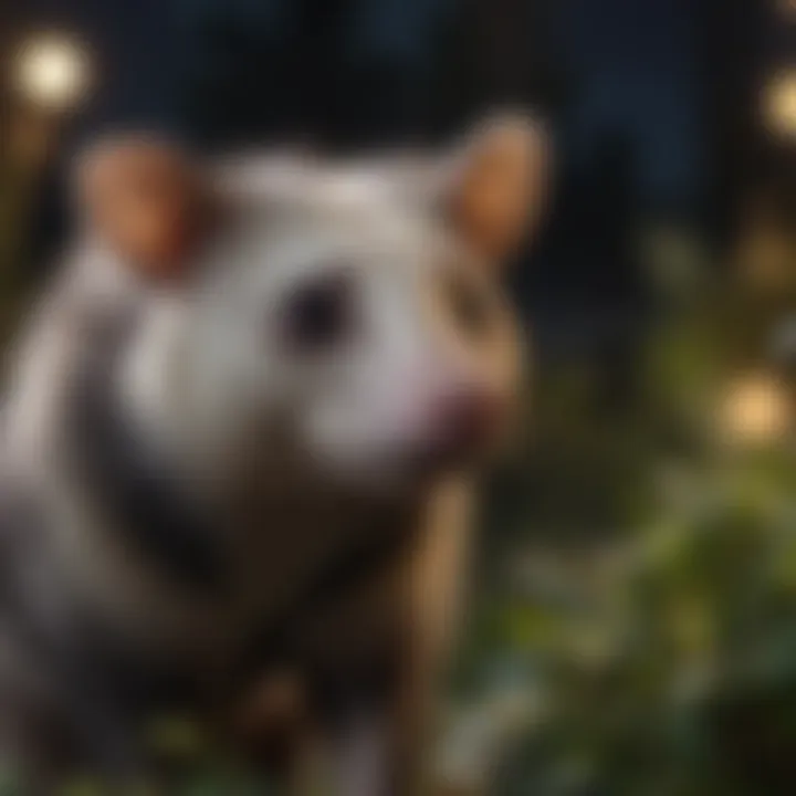 Opossum exploring a garden at night