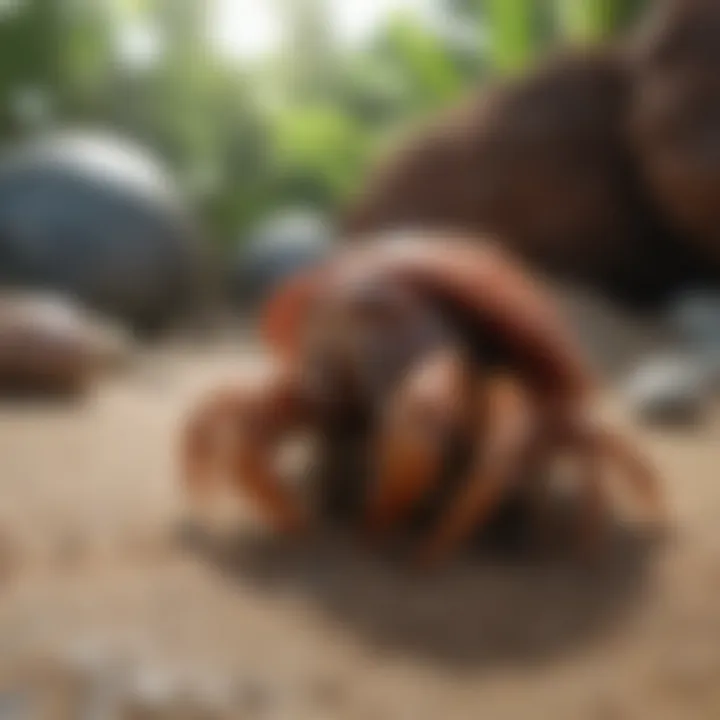 A close-up view of a hermit crab exploring its environment, highlighting its unique shell.