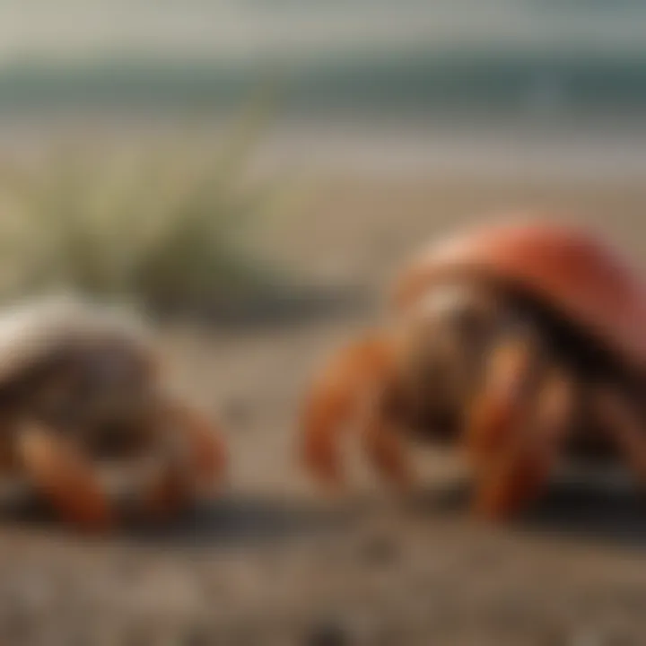 Two hermit crabs interacting, demonstrating their social behavior and companionship.