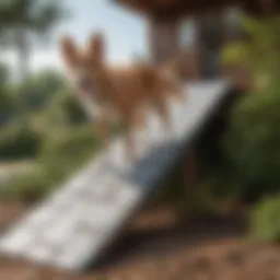 A well-designed pet ramp with a landing, showcasing its incline and structure.