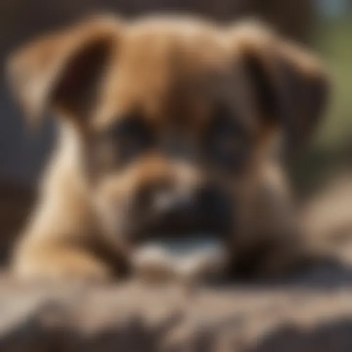 A close-up of a puppy's mouth holding a small rock