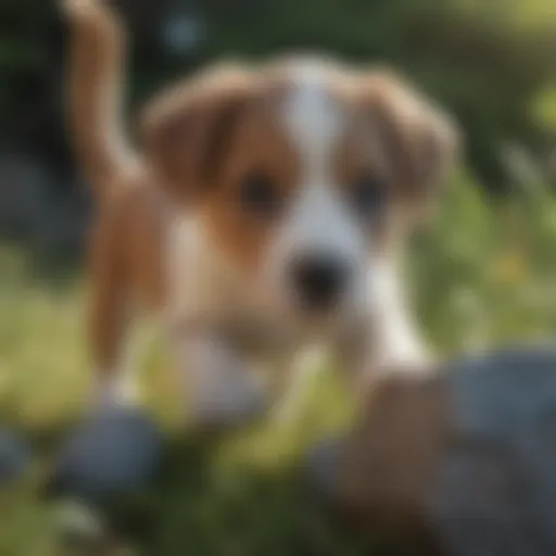 A curious puppy examining a rock in a grassy field