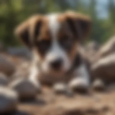 A concerned pet owner observing their puppy chewing on rocks