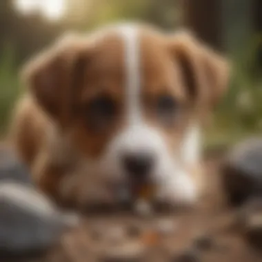 A playful puppy playing with various chew toys instead of rocks