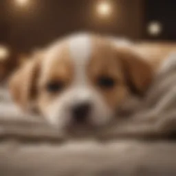 A sleeping puppy curled up on a cozy blanket, showcasing its peaceful slumber.