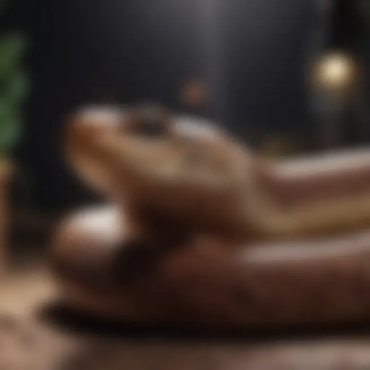 A close-up of a snake basking under a heat lamp, illustrating the importance of temperature regulation.