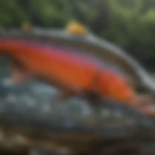 A vibrant steelhead trout swimming in clear water showcasing its unique coloration.