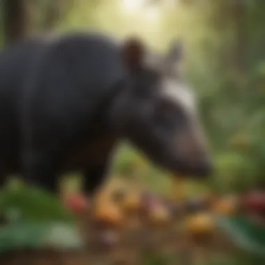 Close-up of tapir feeding on leaves and fruits