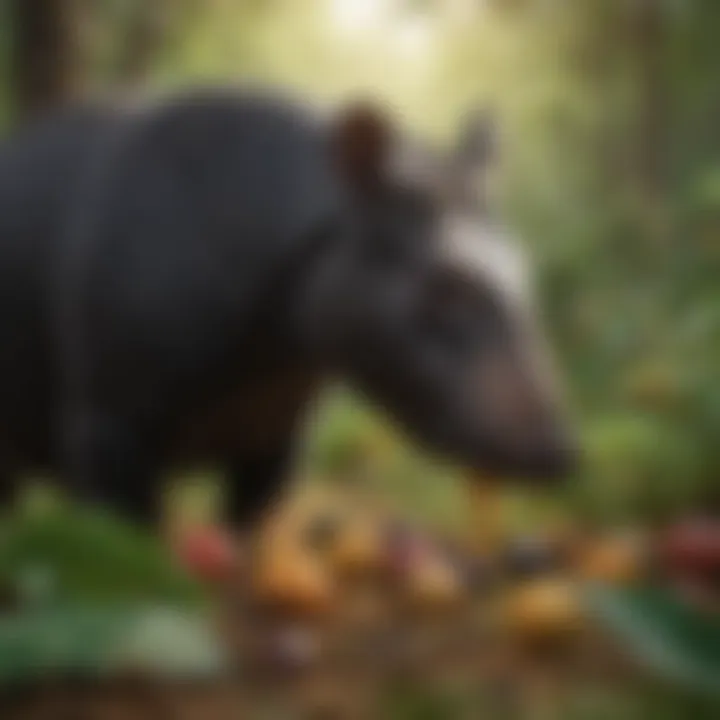 Close-up of tapir feeding on leaves and fruits