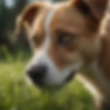 Close-up of a dog chewing on grass blades