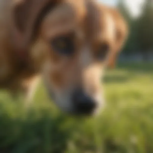 A dog curiously sniffing a patch of grass