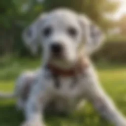 A Dalmatian puppy with distinct black spots sitting on a grassy lawn