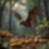 A diverse array of bats feeding on fruits in a lush forest setting.