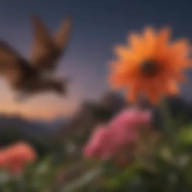 Nectarivorous Bats Pollinating Flowers A nectar-feeding bat hovering near a vibrant flower at dusk.