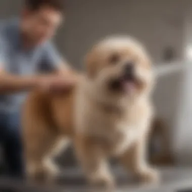 A groomer demonstrating proper usage of a blowing coat machine on a dog