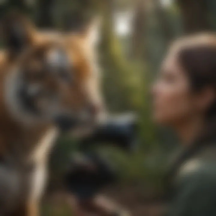 A conservationist engaging with local fauna, promoting habitat preservation efforts.
