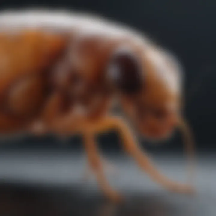 Close-up view of a flea on a pet's fur, highlighting its anatomy.