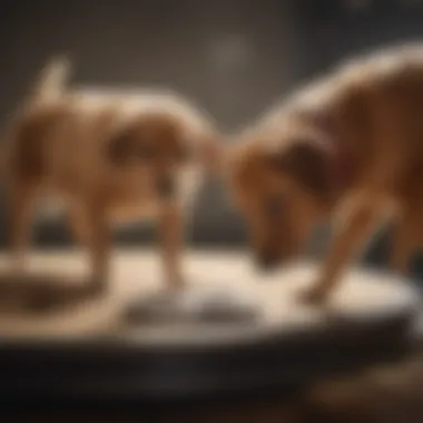 Pet owner examining a dog for fleas with a magnifying glass.