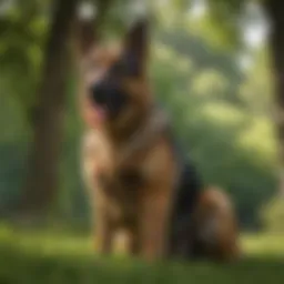 A majestic German Shepherd standing alert in a lush green park