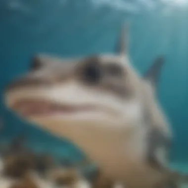 The Distinctive Head Shape of the Hammerhead Shark A close-up view of a hammerhead shark showcasing its unique head shape.