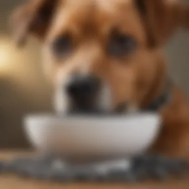 A dog looking curiously at a bowl of poppy seeds, indicating interest or concern.