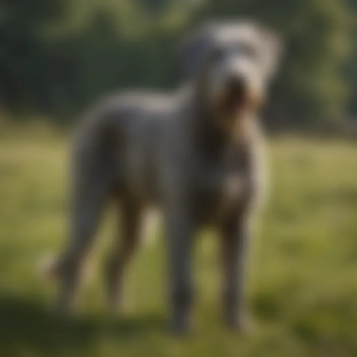 An impressive Irish Wolfhound standing tall in a grassy field