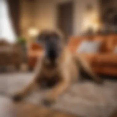 A massive Mastiff lounging comfortably in a plush living room