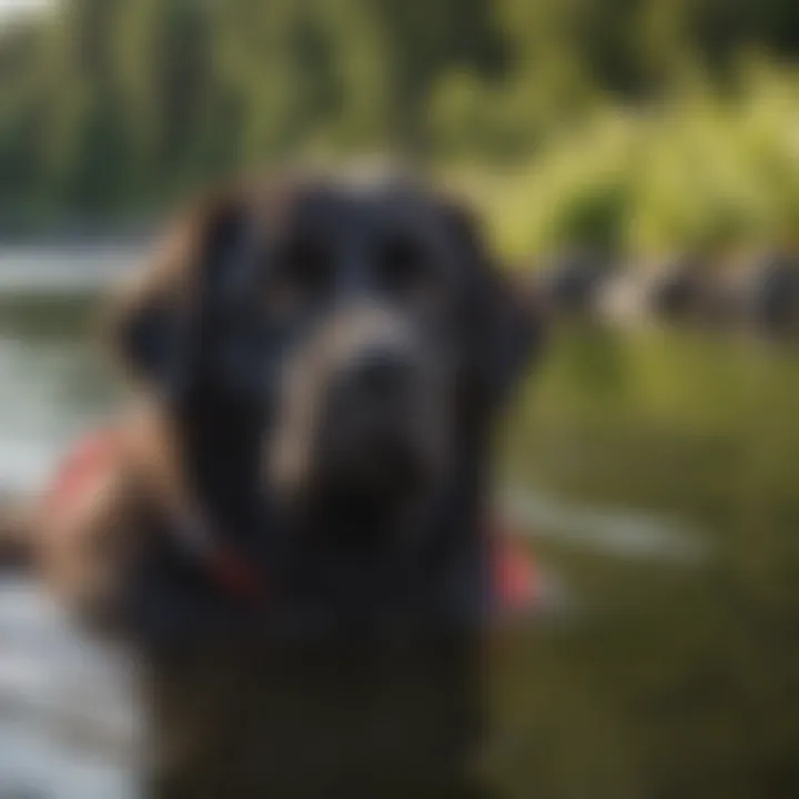 A Newfoundland dog swimming joyfully in a lake