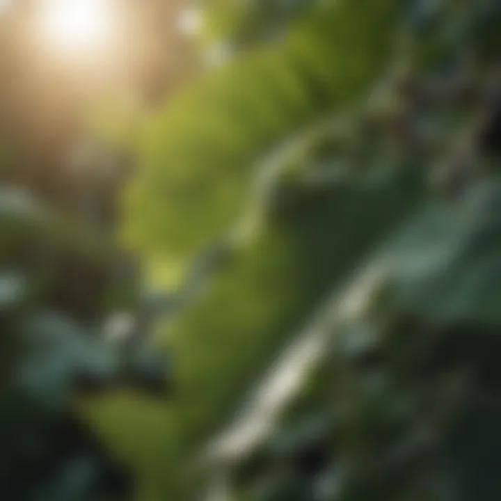 Close-up of fig leaves with sunlight filtering through