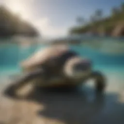 A serene coastal scene showcasing a sea turtle gliding through crystal-clear waters.