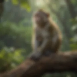 A serene environment with a monkey perched on a tree branch, symbolizing natural habitat.