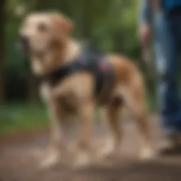 A service dog wearing a harness providing support to a person with a mobility disability