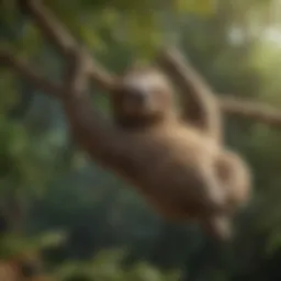 A sloth hanging gracefully from a tree branch, showcasing its unique adaptations.