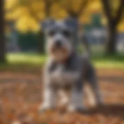 Small schnauzer standing alert in a park