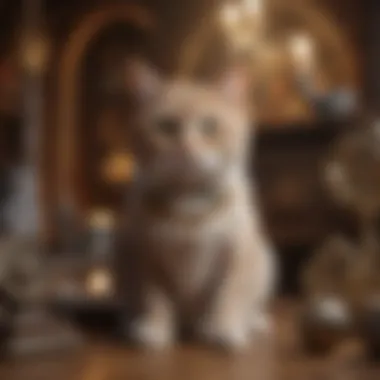 An artistic representation of a cat surrounded by mystical symbols, reflecting cultural beliefs.