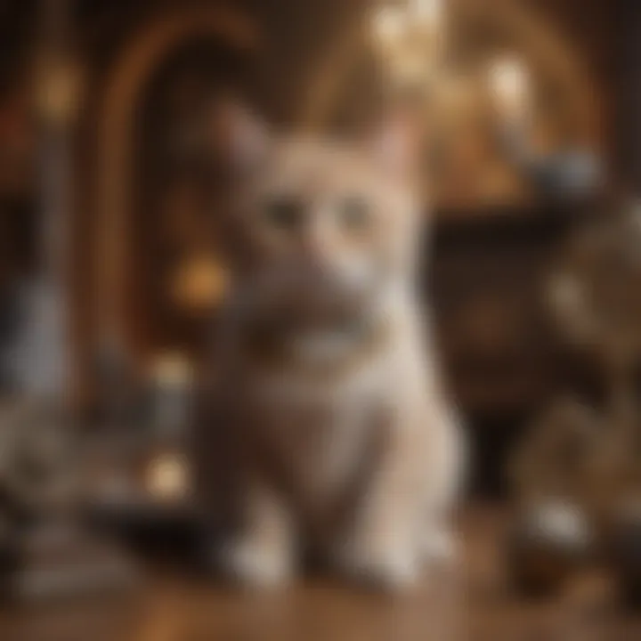 An artistic representation of a cat surrounded by mystical symbols, reflecting cultural beliefs.