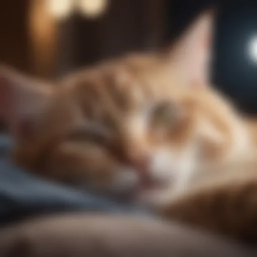 A serene cat sleeping under a crescent moon, symbolizing dreams and tranquility.