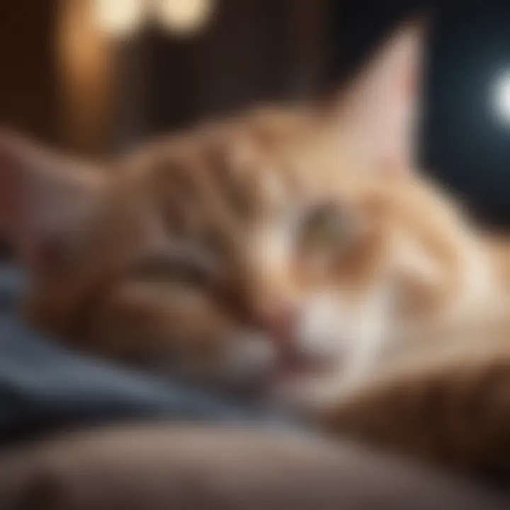 A serene cat sleeping under a crescent moon, symbolizing dreams and tranquility.