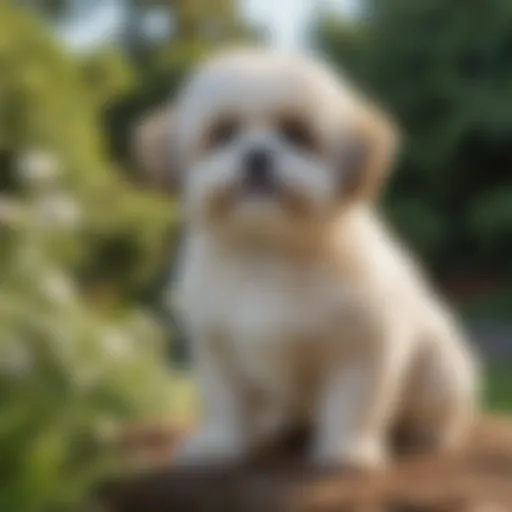 Shih Poo dog standing proudly in a garden