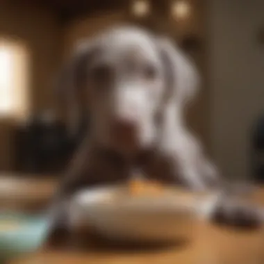 Weimaraner puppy with a bowl of food