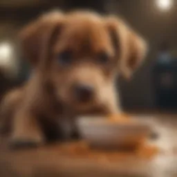 A concerned puppy with a bowl of food