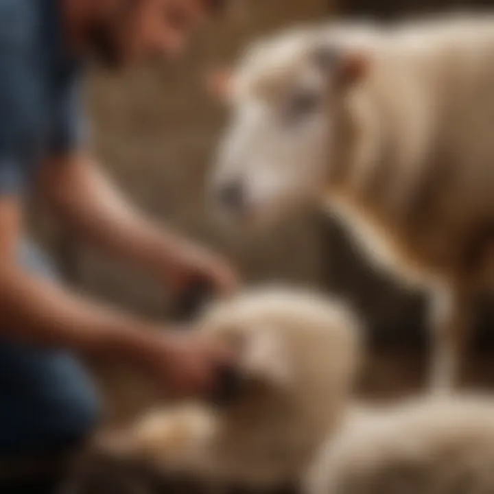 A professional demonstrating best practices for shearing a sheep in a farm setting.