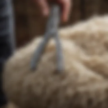 Shearing Technique with Wool Clippers A close-up view of a wool clipper in action on a sheep's fleece.