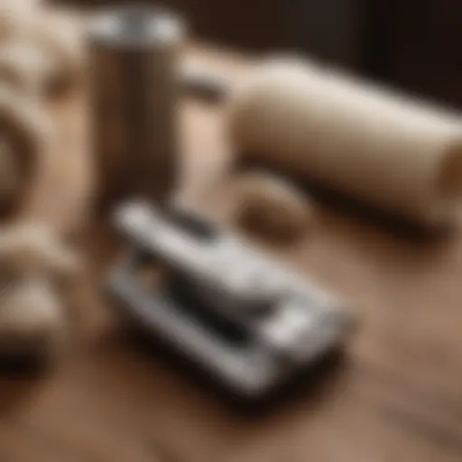 A collection of various wool clippers displayed on a wooden surface.