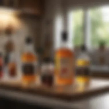 Varieties of Vinegar for Gnat Control Different types of vinegar displayed on a kitchen countertop.