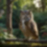 An owl perched on a tree branch overlooking a garden