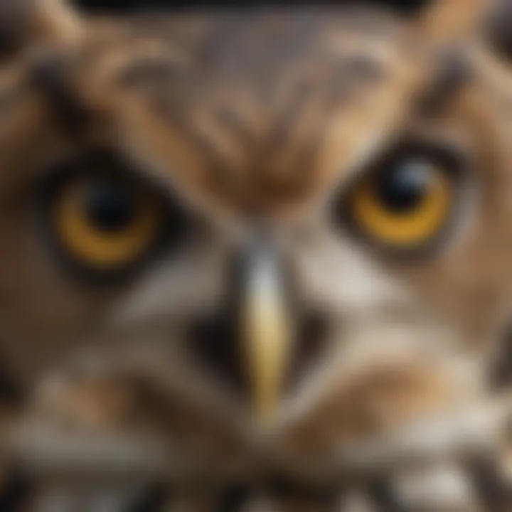 A close-up of an owl's face, showcasing its keen eyesight and hunting prowess.