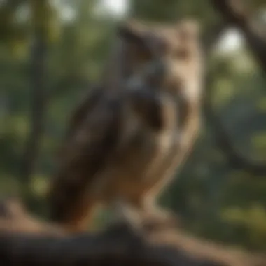 The Watchful Guardian: Owl in Its Natural Habitat A majestic owl perched on a tree branch, observing its surroundings.