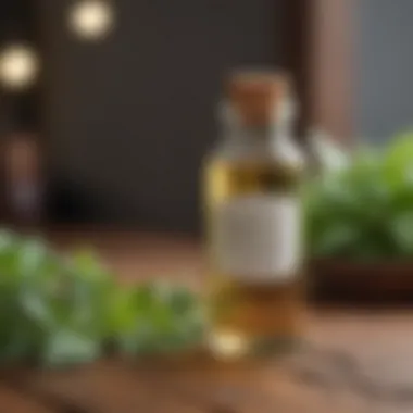 Peppermint oil in a small glass bottle placed on a wooden surface