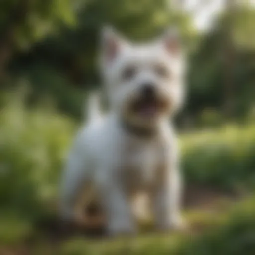 West Highland Terrier playing in a lush green garden